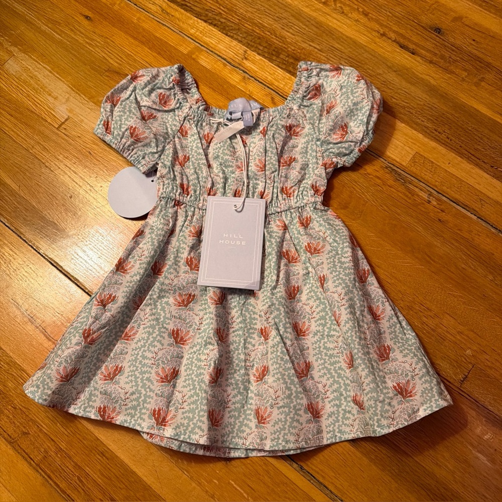 Hill House The Tiny Sienna Girl Size 2Y 2T Green Linear Floral Cotton Dress New